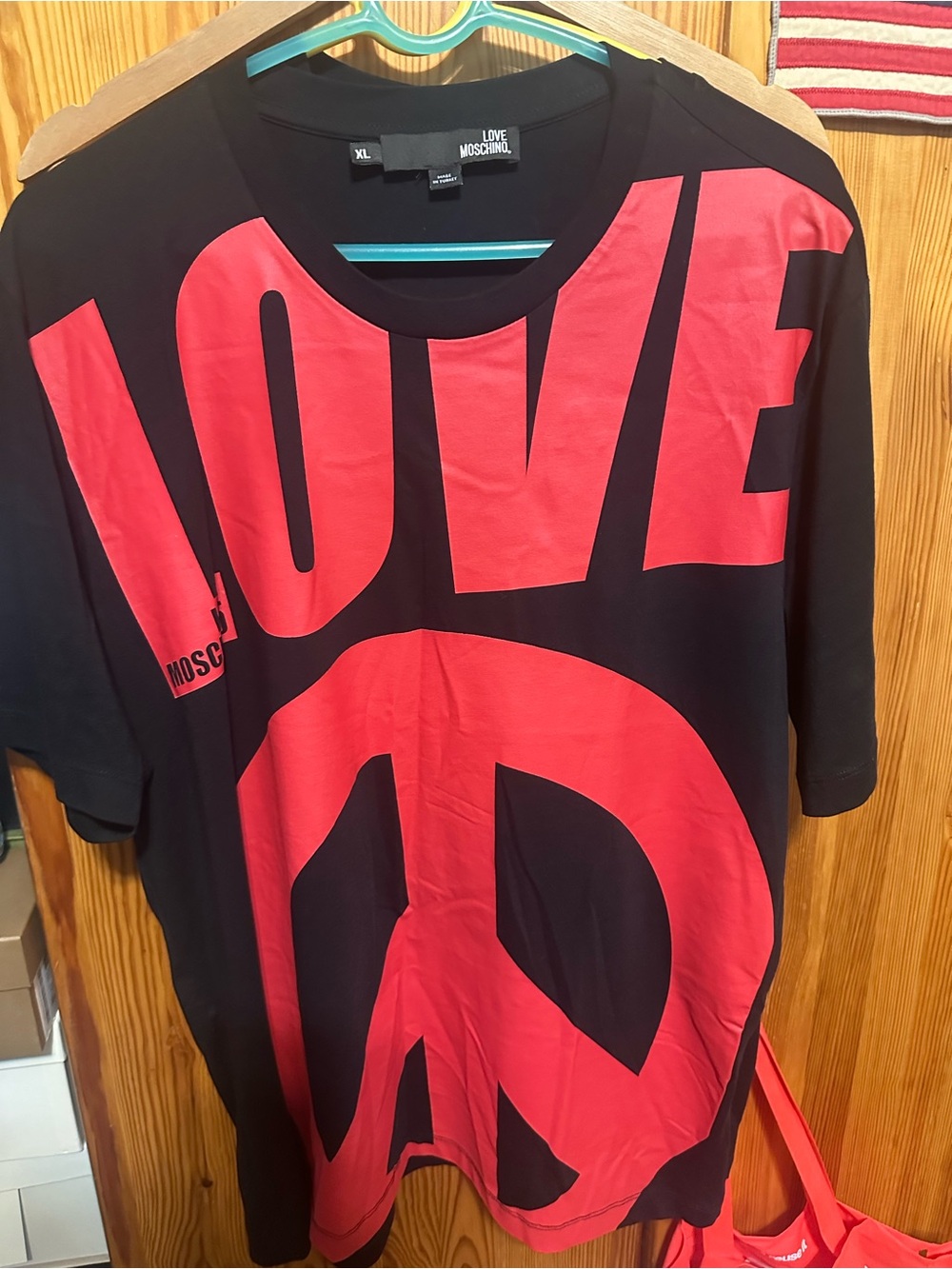 Moschino Black Tee with Bold Red LOVE & Peace Graphic